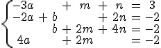 \{\begin{array}{ccccccccc}-3a& & &+&m&+&n&=&3\\-2a&+&b& & &+&2n&=&-2\\ & &b&+&2m&+&4n&=&-2\\4a& & &+&2m& & &=&-2\\\end{array}
